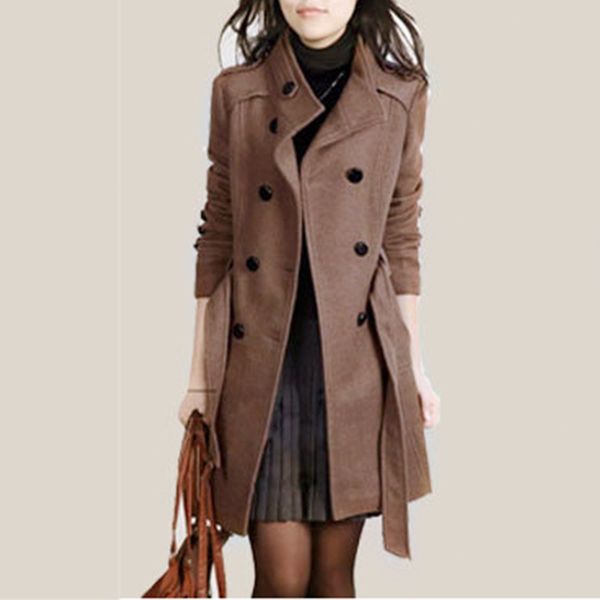 

women windbreaker fashion loose winter warm long sleeve double row buttons jacket coat with belt turndown collar coatdgh3, Tan;black