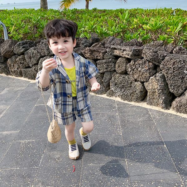 

2020 new boys 2 pcs plaid set shirt+shorts summer kids boys suits 1-6 years, White