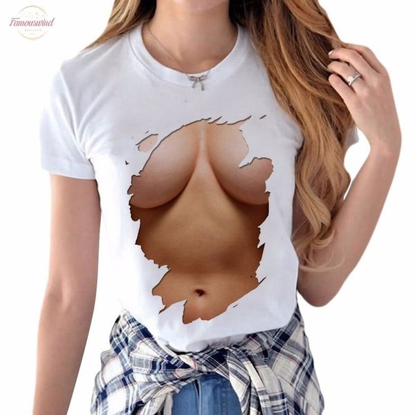 

желудок big boobs sexy pack abs печати футболка женская с коротким рукавом летний творческий шаблон смешные женский режимное женщины топы но, White