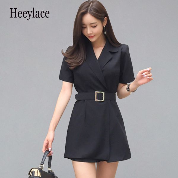 

summer new notched neck belted short playsuits women 2019 solid color rompers casual work wear short jumpsuits, Black;white