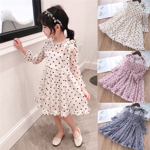 

girls clothes vestido toddler kids baby girls long sleeve gauze ruffled polka dot bow princess dresses #4d16, Red;yellow