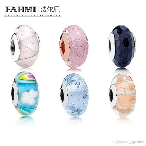 

fahmi 100% 925 sterling silver charm rose pink shimmer glass ornaments mirror glass shimmer stripes diy women charm beads ing, Black