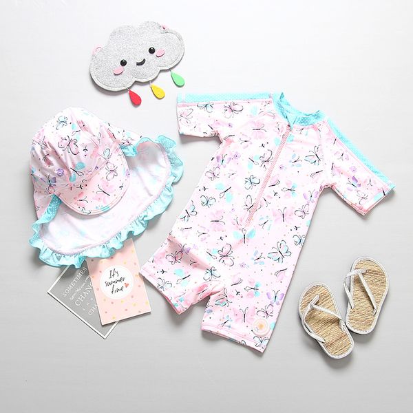 

summer baby girls swimsuits kids butterfly printed swimwear children short sleeve zipper swimming+ hat girl quickdrying diving suit y1364, Black
