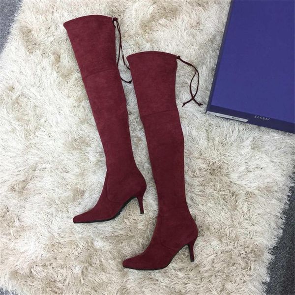

2019 designer winter new luxury trend casual thigh-high boots les chaussures women's boots 35 to 42 yards 6cm heel fuchsia, Black