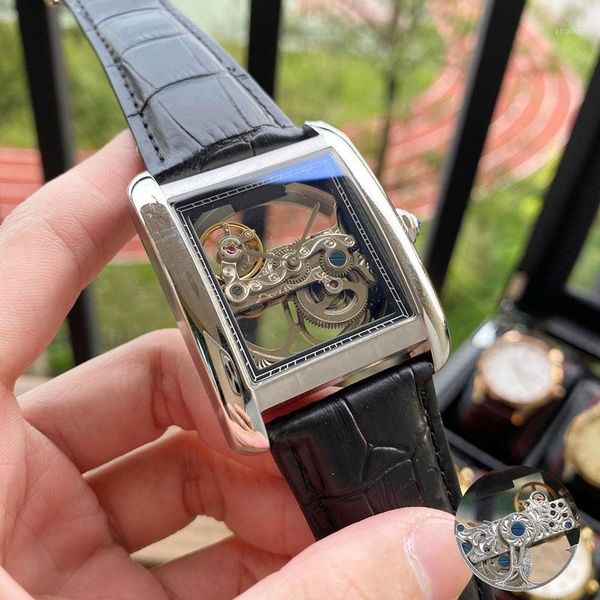 

men watches automatic movement 43*12mm leather strap watches watch male clock1, Slivery;brown