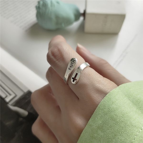 

new trendy open size rings for women authentic 925 sterling silver letter faith hollow cross adjustable statement ring, Black
