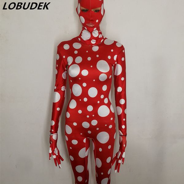 

women dot printed red skinny jumpsuit stretch leotard rompers nightclub bar dj pole dance stage dance wear acrobatic costume, Black;white