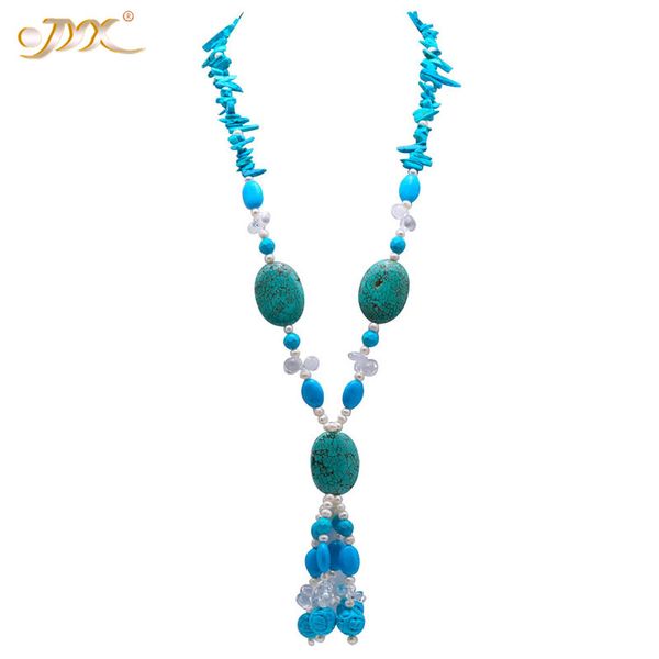 

jyx elegant long turquoise necklace 30*40mm irregular turquoise long necklace gemstone 34" jewelry with pearls crystal, Silver
