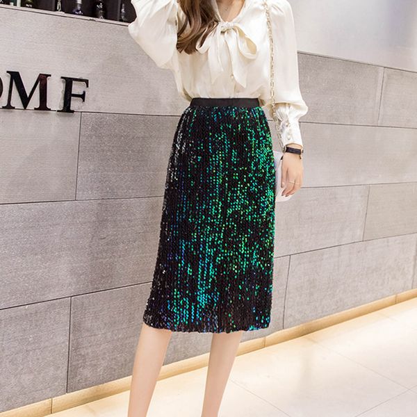 

2019 women new summer fashion large size sequins skirt female beads long section high waist bright sparkling color hip skirt, Black