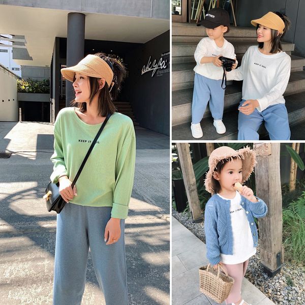 

family matching clothing look outfits mother daughter father son pullover spring long sleeve cotton o neck casual t shirt, Blue