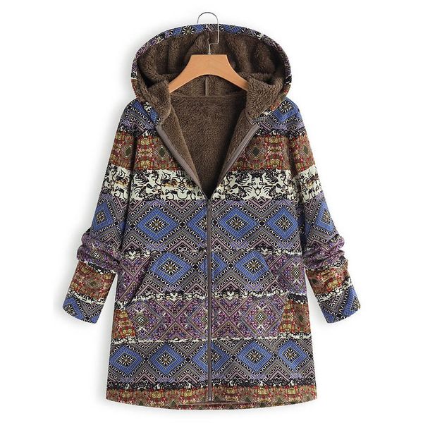 

womens winter warm outwear floral print hooded pockets vintage oversize coats manteau femme hiver abrigos mujer invierno new, Black