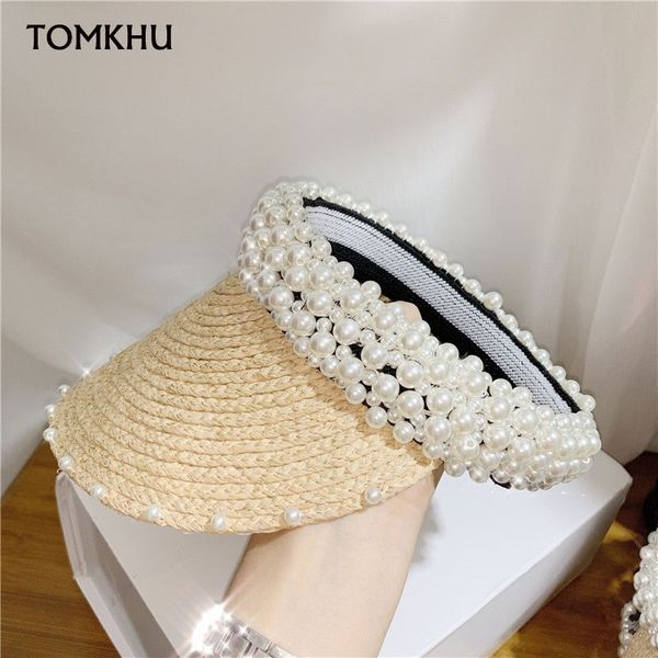 

2020 new women pearl headband hat raffia visor caps for girls beach hat braided fashion cap lady summer straw sun hats wholesale, Blue;gray
