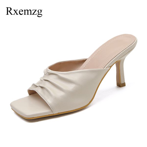 

rxemzg new fashion elegant pleated women mules sandals thin heels peep toe high heels slip on pumps summer casual woman shoes, Black