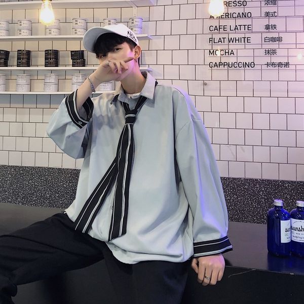 

2019 spring and summer models korean version of the trend loose casual youth solid color long-sleeved shirt camisa masculina, White;black