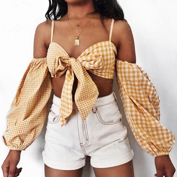

women lace up shirt yellow plaid lantern sleeve crop bow short casual cami, White