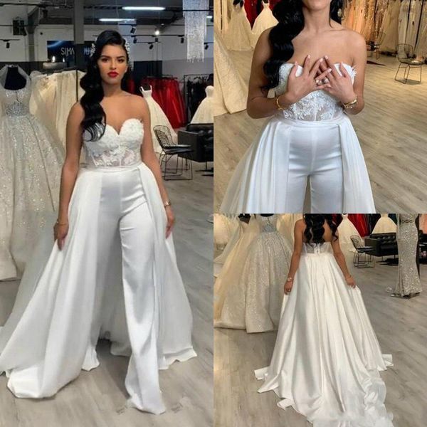 

lace women wedding jumpsuit with detachable train 2020 strapless white bride wedding gowns with pant suit plus size