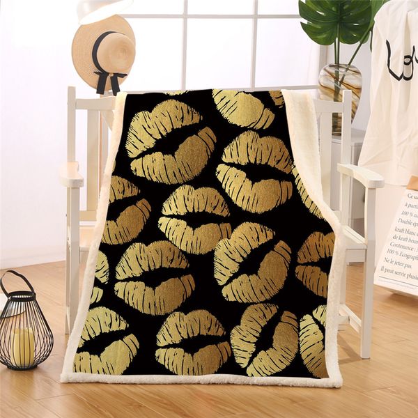 

blessliving black stylish blanket chic goldrn glitter lips sherpa fleece blanket trendy pattern bed couch manta bedding 150x200