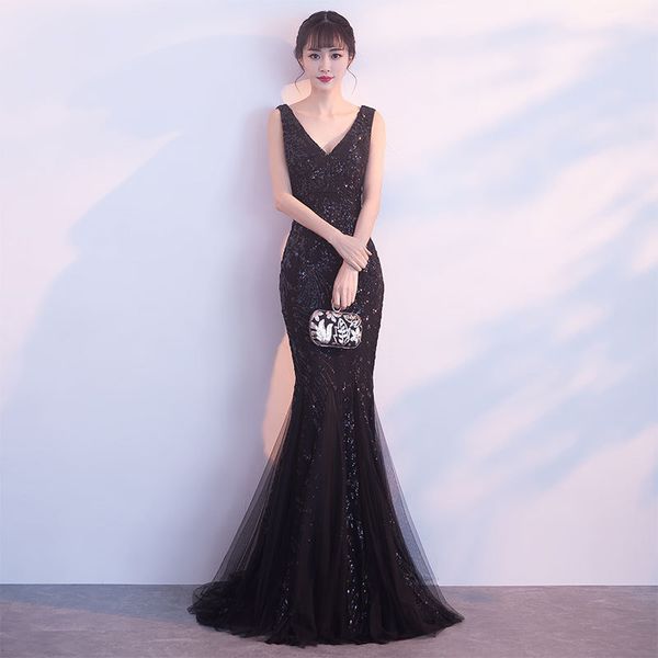

sleeveless v-neck cheongsam female gold sequins mermaid qipao oriental women evening party dress slim full length clothes, Red