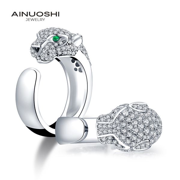 

cluster rings ainuoshi 925 sterling silver leopard head design ring men and women animal simulated diamond micro paved open, Golden;silver