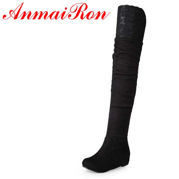 

anmairon black flat with flock over-the-knee boots shoes women lace black big size34-47 platform long boots for women new