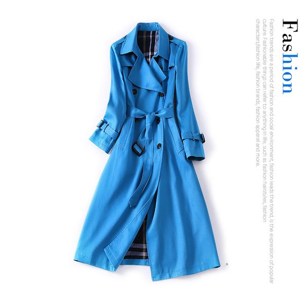 

20 years of early new england wind lapel pure color long sleeve double-breasted belt tencel long trench coat, Tan;black