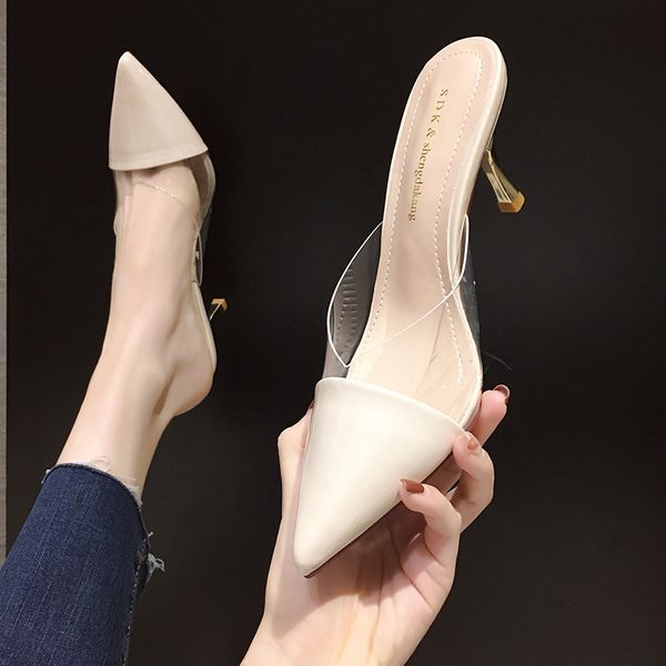 

cover toe slippers casual shoes woman 2020 pu thin heels shallow med slipers women heeled mules summer new pointed high, Black