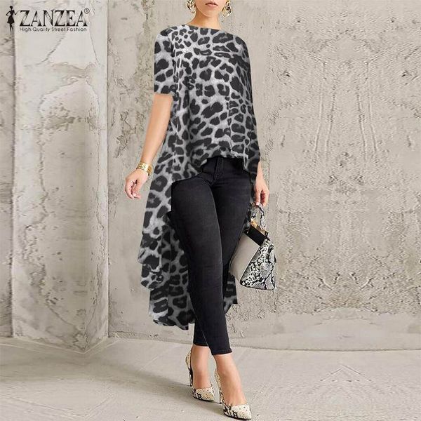 

women's blouses & shirts oversized leopard printed 2021 zanzea fashion asymmetrical blouse short sleeve blusas female casual tunic, White
