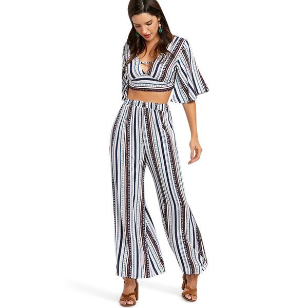 

zaful погружаясь neck two piece set полосатый crop top высокой талией two piece set, Gray