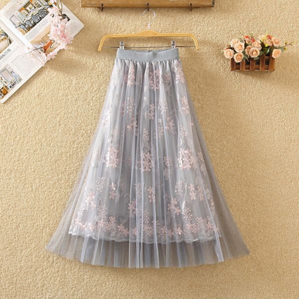 

2019 summer pleated mesh tulle skirt womens fashion elastic waist flower embroidery party skirt midi japanese fairy black