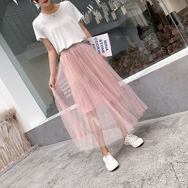 

new spring tulle skirts womens fashion shining star mesh tutu skirt pleated long skirts midi skirt saias faldas jupe femme, Black