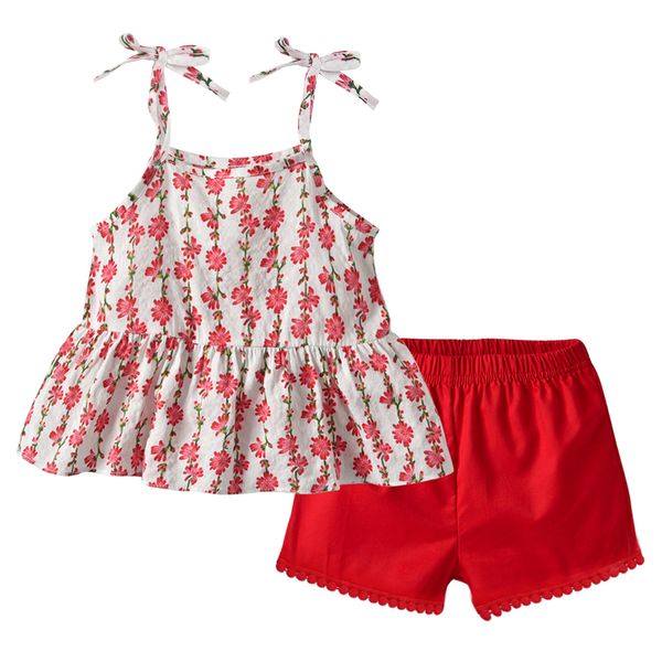 

baby girls braces floral +red wide trousers outfits summer 2020 kids clothing for boutique europe america 1-4t little girls 2 pc set, White