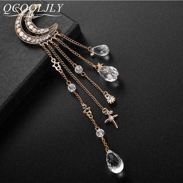 

qcooljly fashion elegant women lady moon rhinestone crystal tassel long chain beads dangle hairpin hair clip hair jewelry, Golden;white