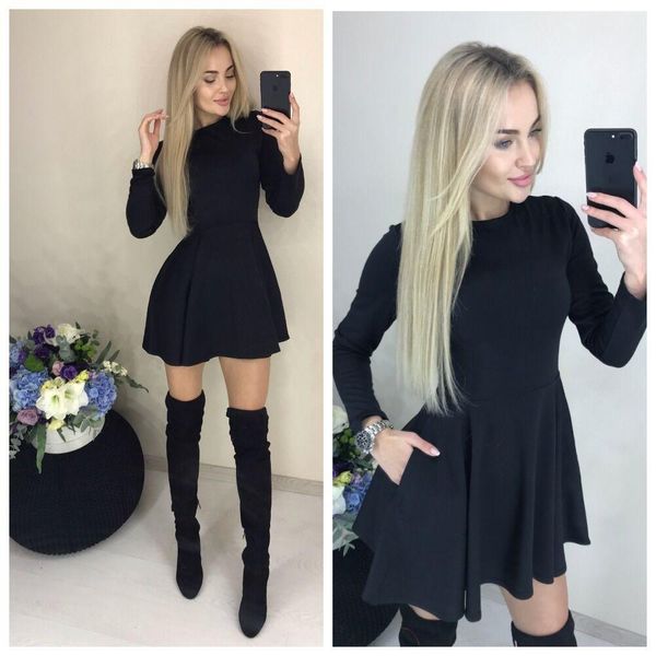 

spring new casual women o-neck fit and flare pockets long sleeve mini cute party dress black red wine red color vestidos, Black;gray