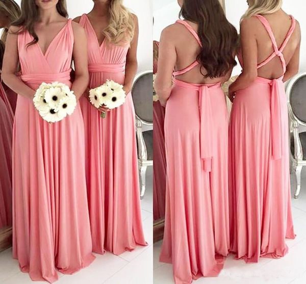 

2019 Latest Elegant Maxi Watermelon Chiffon Bridesmaid Dresses Pleats Deep V Neck Floor Length Maid Of Honor Forest Wedding Party Wear