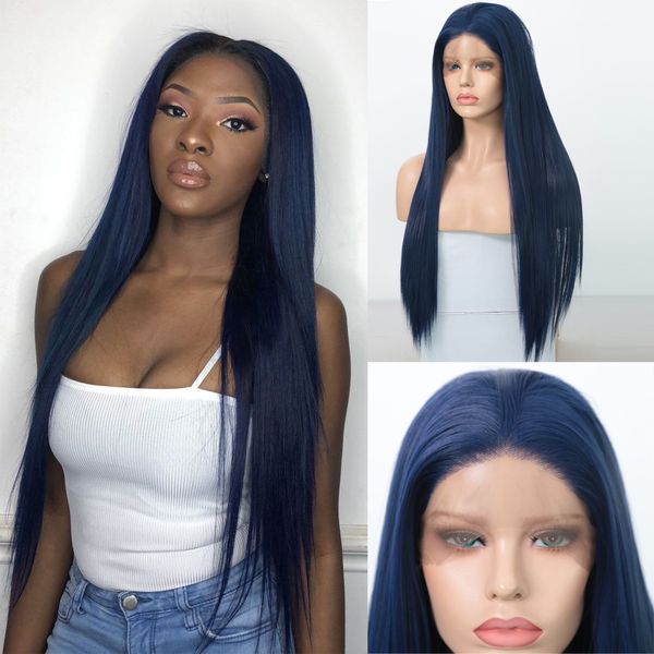 

charisma blue synthetic lace front wig long straight dark blue wigs for women glueless heat resistant fiber hair wigs, Black