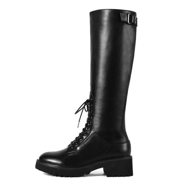 

original intention stylish women knee high boots leather round toe square heels zipper boots black shoes woman plus size 4-10.5