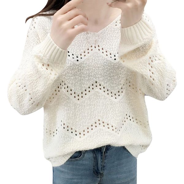 

autumn and winter sweaters loose sweater pullover 2019 casual solid fashion long sleeve v-neck women hollowed out clothing, White;black