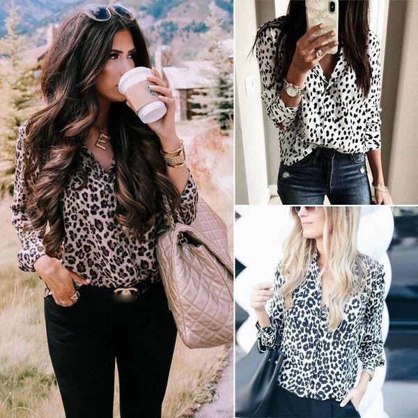 

леопарда женщин офис ol офис леди блузки с длинным рукавом блузка рубашки лето свободного покроя широкий топ блузка, White
