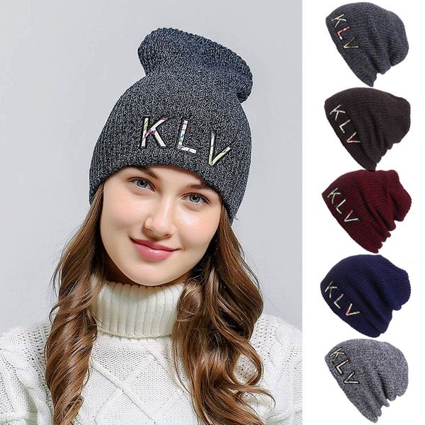 

embroidered striped hedging cap slouchy thick knitted beanie hat winter outdoor women men bonnet hat, Blue;gray