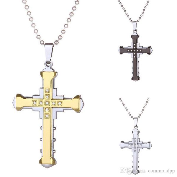 

mens кристалл ожерелье крест подвеска для женщин двойной слой из нержавеющей стали распятие иисуса charm цепи мода религия ювелирные изделия, Silver
