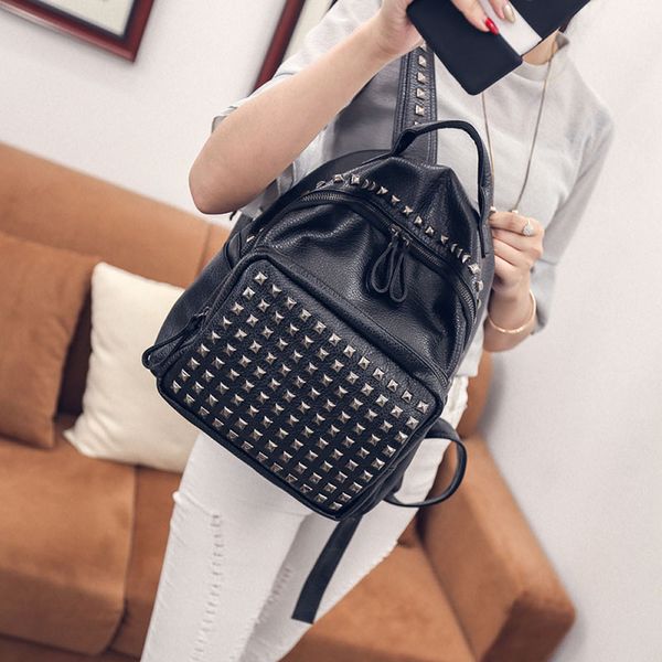 

simple preppy style backpack women daypack rivet shoulder bags for teen girls fashion pu leather backpacks rucksack