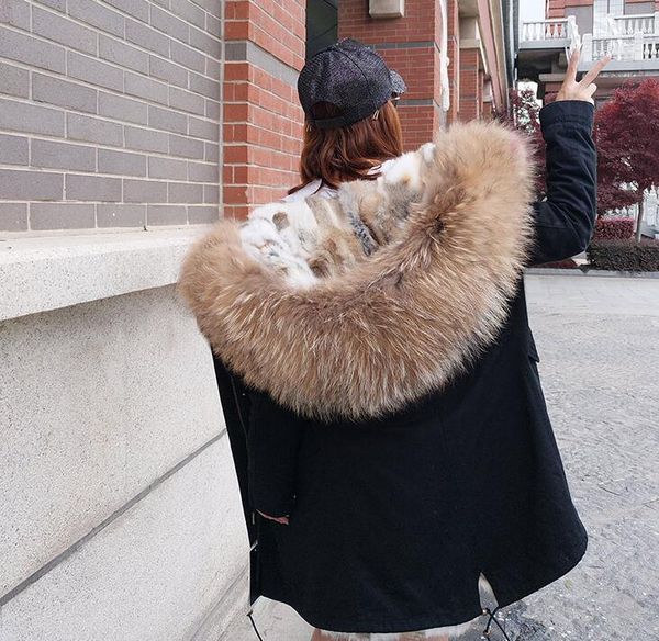 

brown raccoon fur trim female maomaokong brand brown grey white rex rabbit fur lining women x-long black jackets winter usa germany