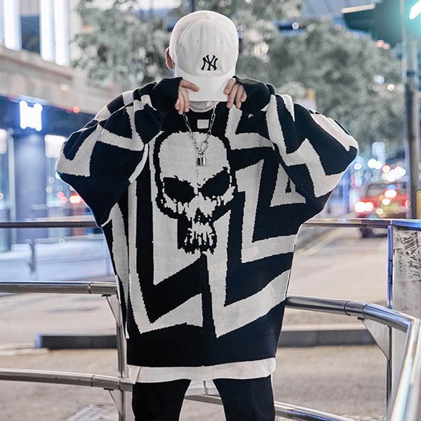

be.yumiao japanese harajuku hip-hop man's sweater korean popular logo men's skull sweater with thick contrast color, White;black