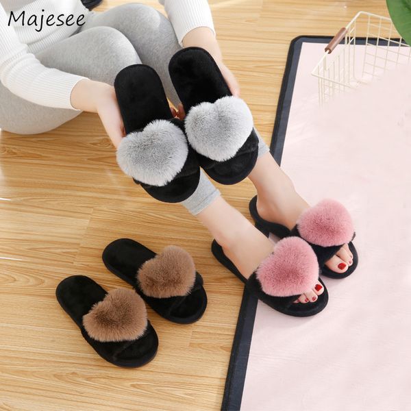 

winter slippers women sweet heart-shaped soft leisure trendy plush womens flat with shoes female all-match elegant simple chic, Black