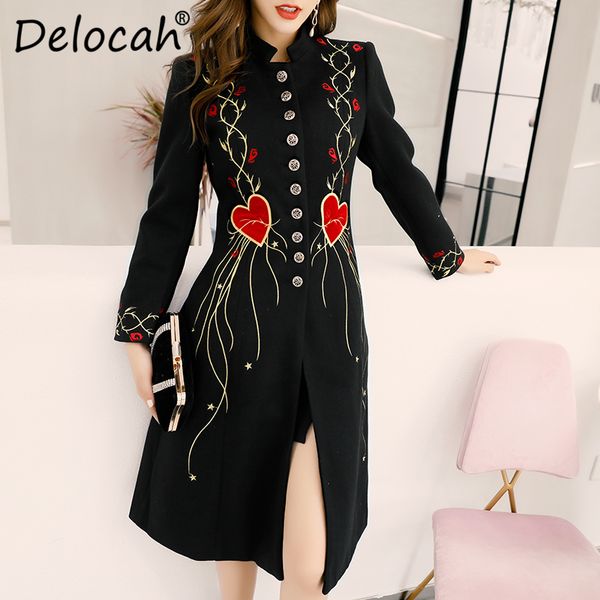 

delocah 2019 autumn winter women coat runway fashion designer long sleeve gorgeous embroidery printed elegant slim lady overcoat, Black