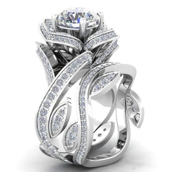 

стерлингового серебра 925 цветок лист круглый вырезать ясно cz алмаз 4.50 ct обручальное кольцо k2727, Golden;silver