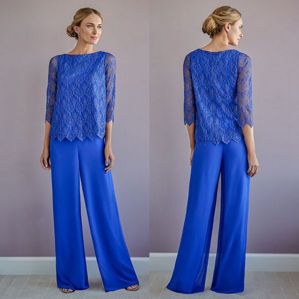 

classy blue lace mother of the bride pant suits long sleeves bateau neck wedding guest dress chiffon plus size mothers groom dresses, Black;red