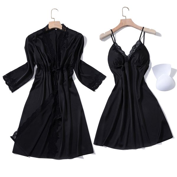 

black nightgowns women nightwear lace camisola lingerie 2019 women's new sleep dress with robe nighty wedding nightdress, Black;red