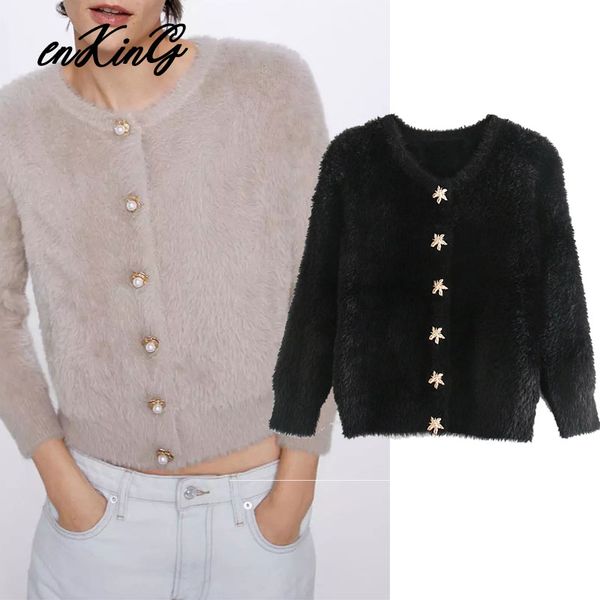

2020 england office lady elegant vintage artificial fur gold buttons cardigans jacket women casaco feminino jaqueta feminina, White