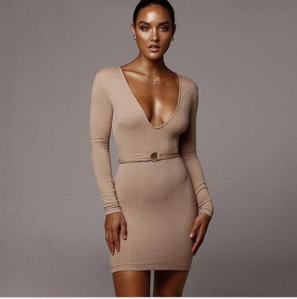 

new women's 2020 europe united states v-neck knit skirt slim was thin package hip dress street style dresses, Black;pink